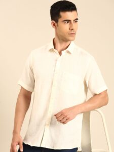 Linen Club Men's Linen Blend Off White Solid Contemporary Fit Half Sleeves Casual Shirt