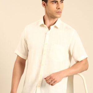 Linen Club Men's Linen Blend Off White Solid Contemporary Fit Half Sleeves Casual Shirt